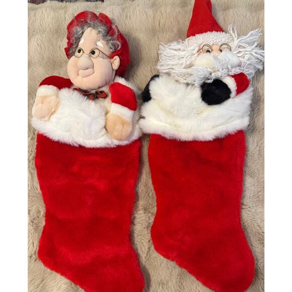 Pair 27” Plush Santa & Mrs Claus Christmas Stockings – Stuffed Doll Heads - Picture 1 of 5